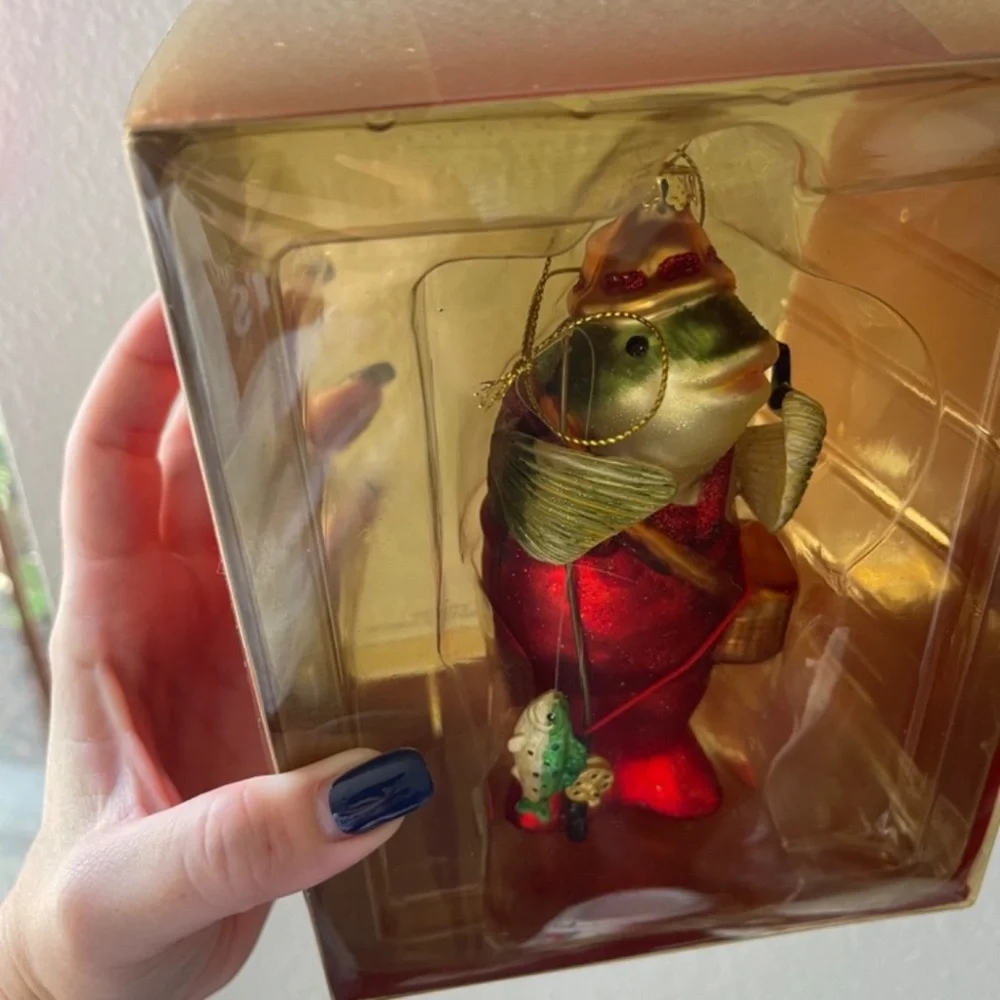 Vintage Glass Fishing Fisherman Christmas Tree Ornament